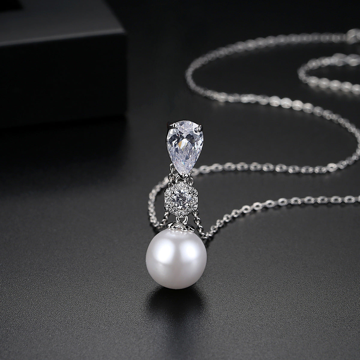 Teardrop Cubic Zirconia Faux Pearl Drop Pendant Necklace AAA2425