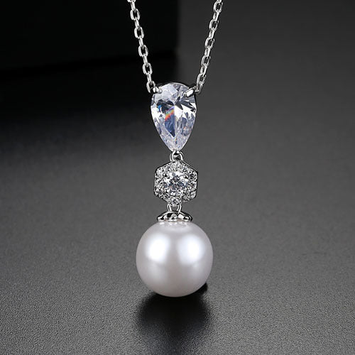 Teardrop Cubic Zirconia Faux Pearl Drop Pendant Necklace AAA2425