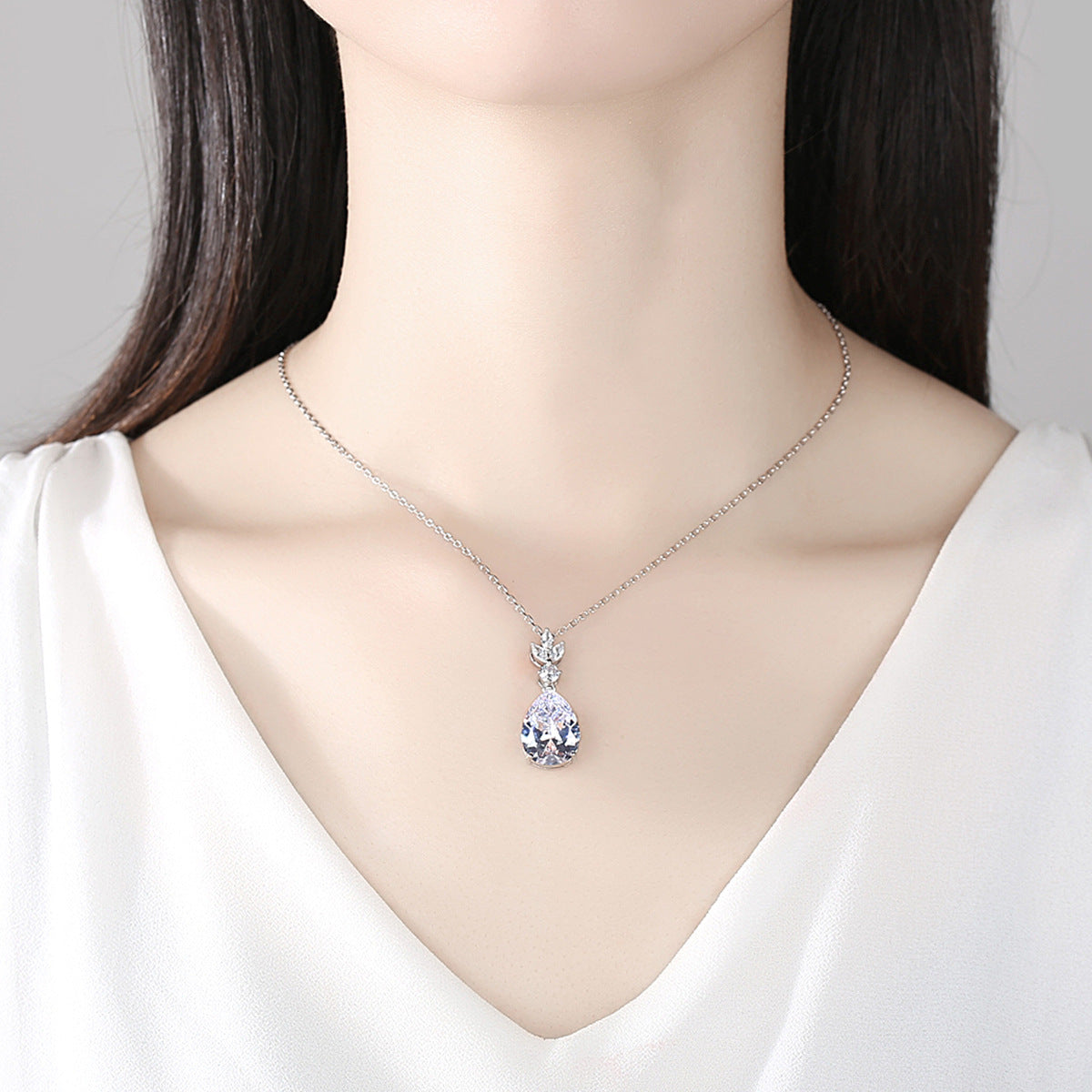 White Gold Plated Teardrop Cubic Zirconia Pendant Necklace AAA2430