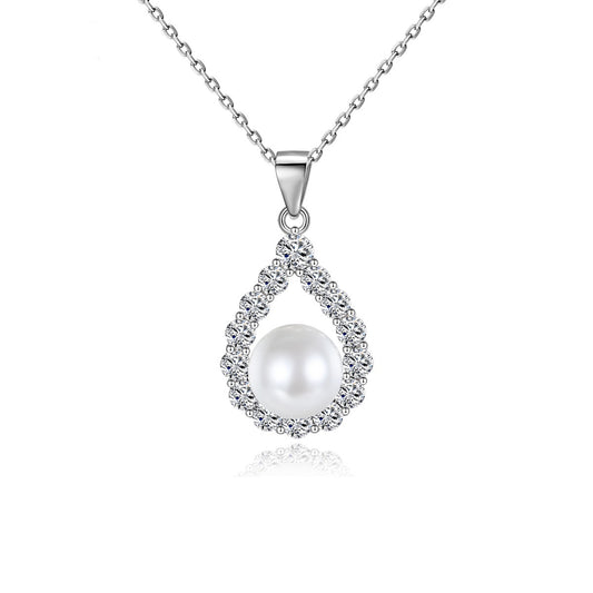 White Gold Plated Cubic Zirconia Faux Pearl Teardrop Pendant Necklace AAA2433