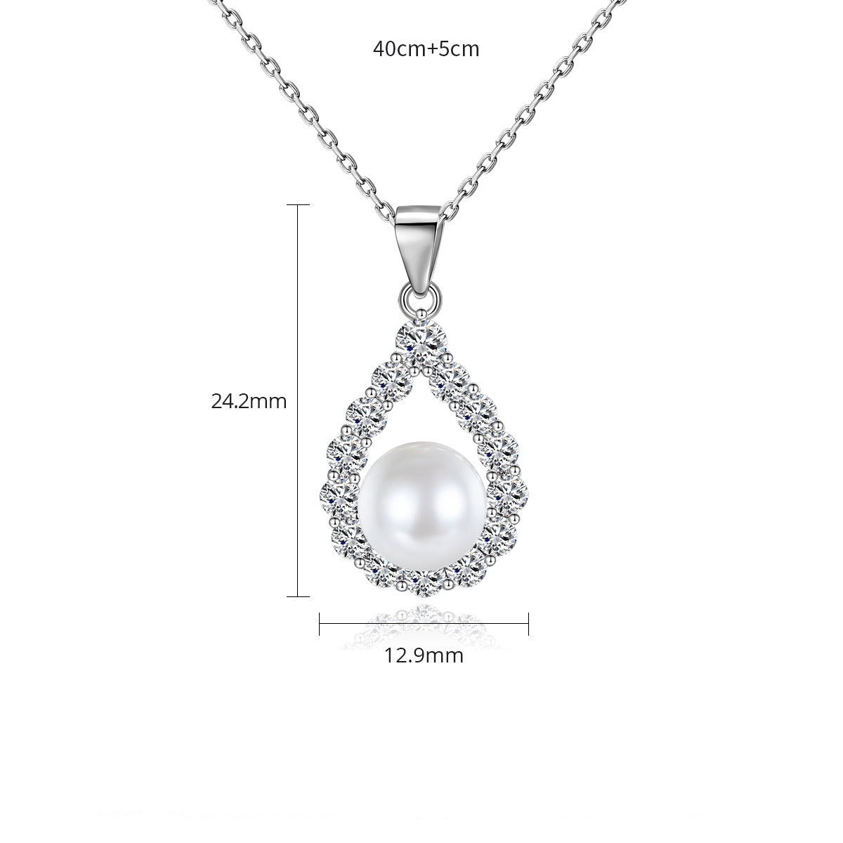 White Gold Plated Cubic Zirconia Faux Pearl Teardrop Pendant Necklace AAA2433
