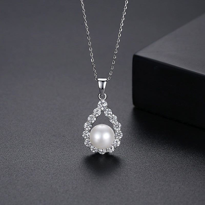 White Gold Plated Cubic Zirconia Faux Pearl Teardrop Pendant Necklace AAA2433
