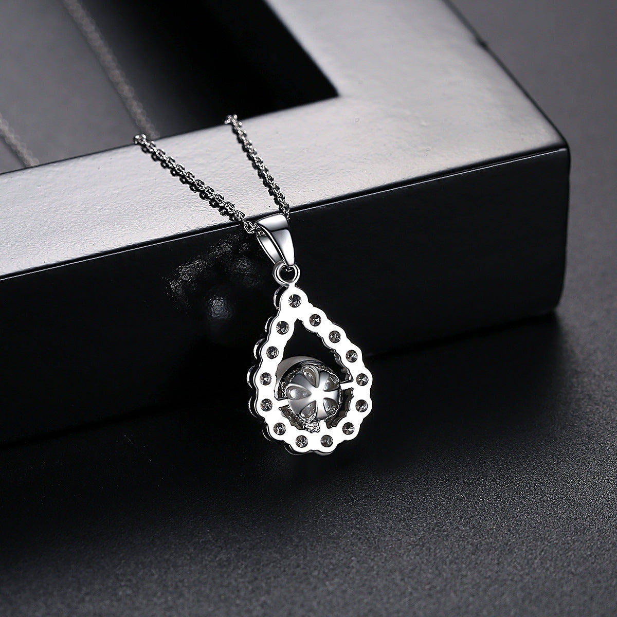 White Gold Plated Cubic Zirconia Faux Pearl Teardrop Pendant Necklace AAA2433