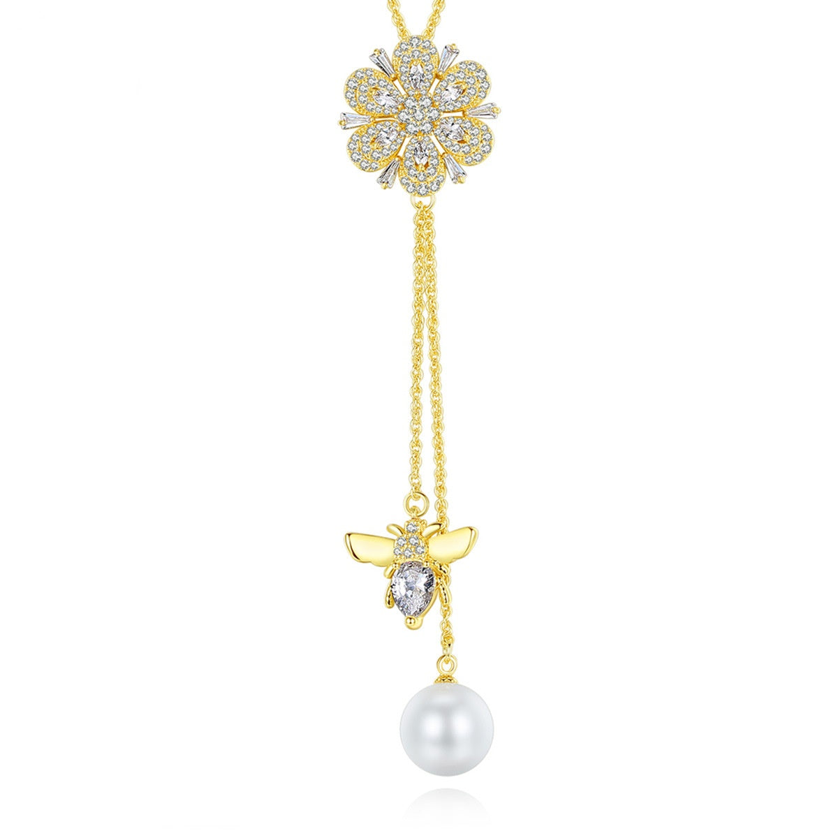 Gold Plated Cubic Zirconia Faux Pearl Flower Bee Y Pendant Necklace AAA2435