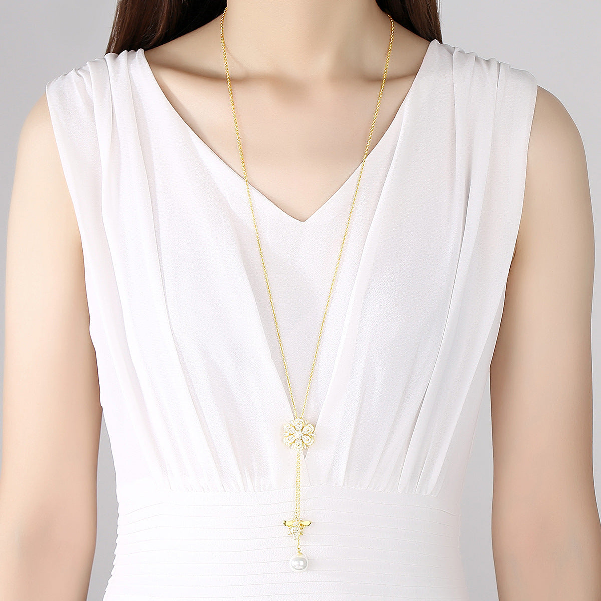 Gold Plated Cubic Zirconia Faux Pearl Flower Bee Y Pendant Necklace AAA2435