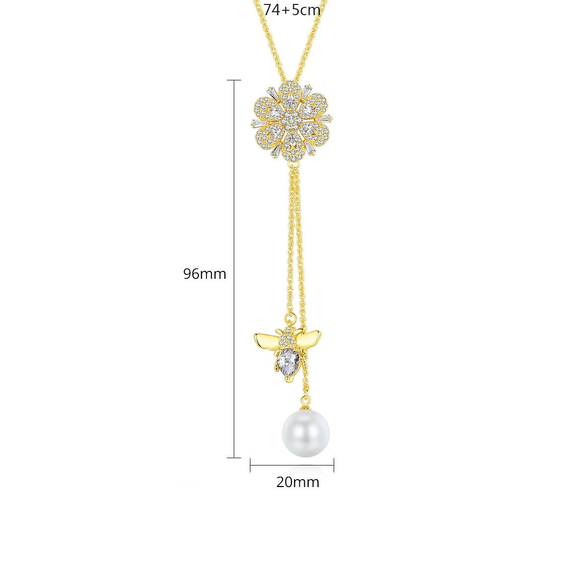 Gold Plated Cubic Zirconia Faux Pearl Flower Bee Y Pendant Necklace AAA2435