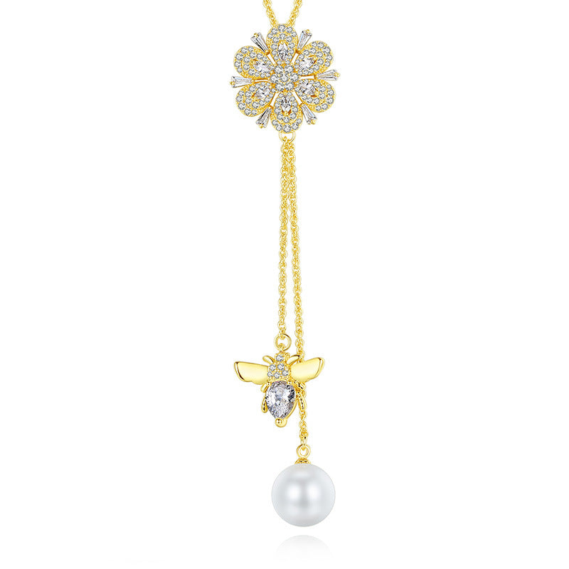Gold Plated Cubic Zirconia Faux Pearl Flower Bee Y Pendant Necklace AAA2435