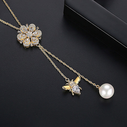 Gold Plated Cubic Zirconia Faux Pearl Flower Bee Y Pendant Necklace AAA2435