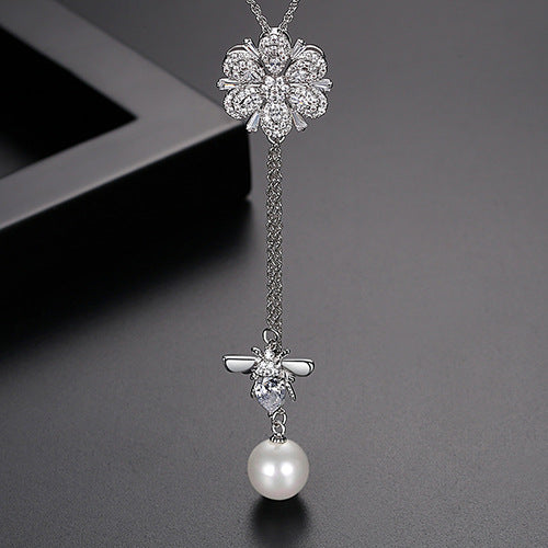 Gold Plated Cubic Zirconia Faux Pearl Flower Bee Y Pendant Necklace AAA2435
