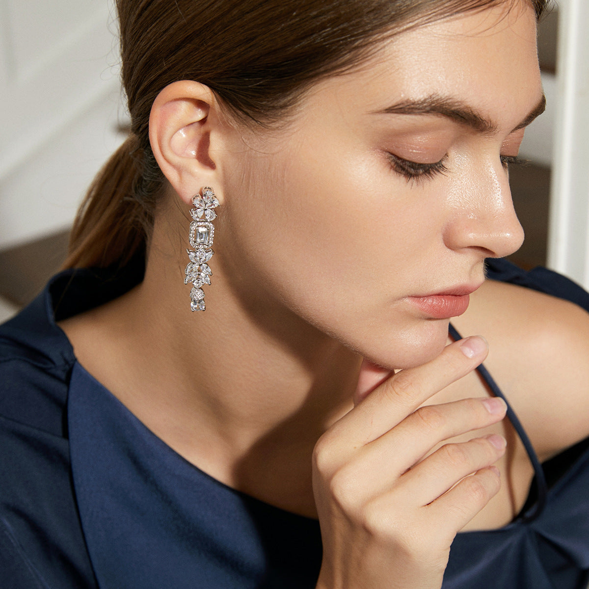 White Gold Plated Cubic Zirconia Fallon Long Drop Earrings AAA2445A
