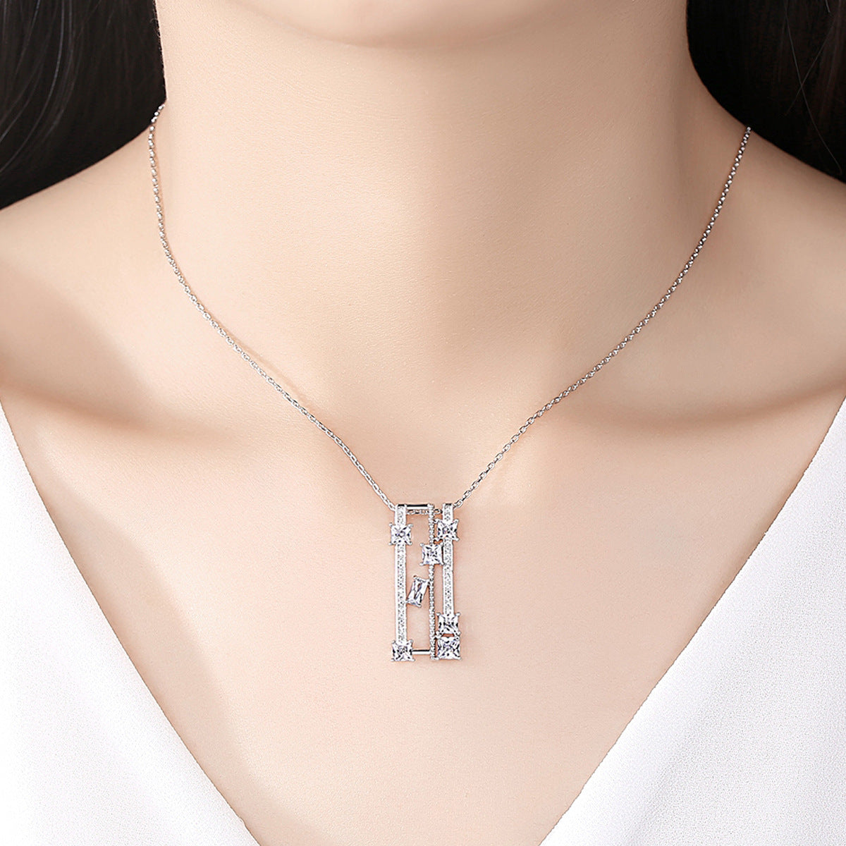 Rectangular Hollow Cubic Zirconia Pendant Necklace AAA2452