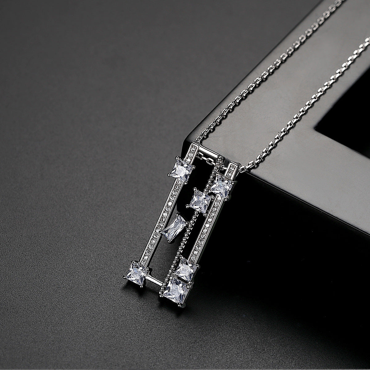 Rectangular Hollow Cubic Zirconia Pendant Necklace AAA2452