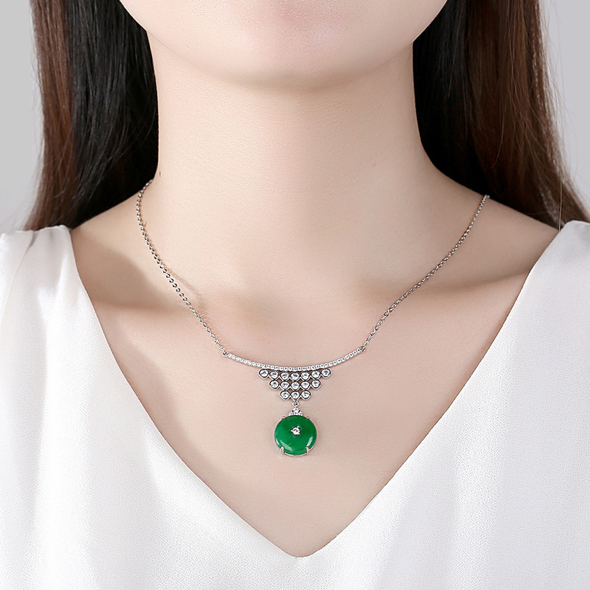 Cubic Zirconia Round Faux Jade Pendant Necklace AAA2453