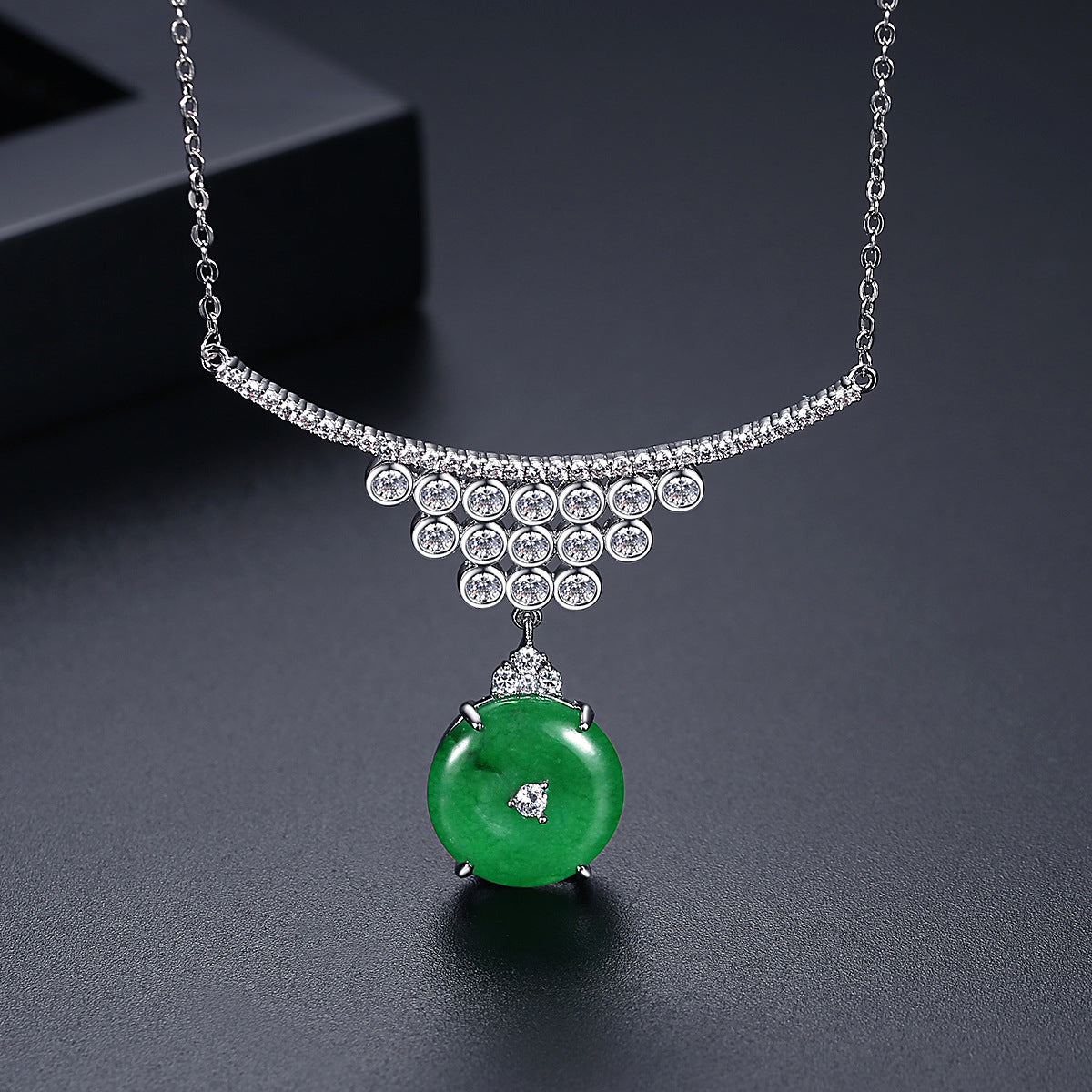 Cubic Zirconia Round Faux Jade Pendant Necklace AAA2453