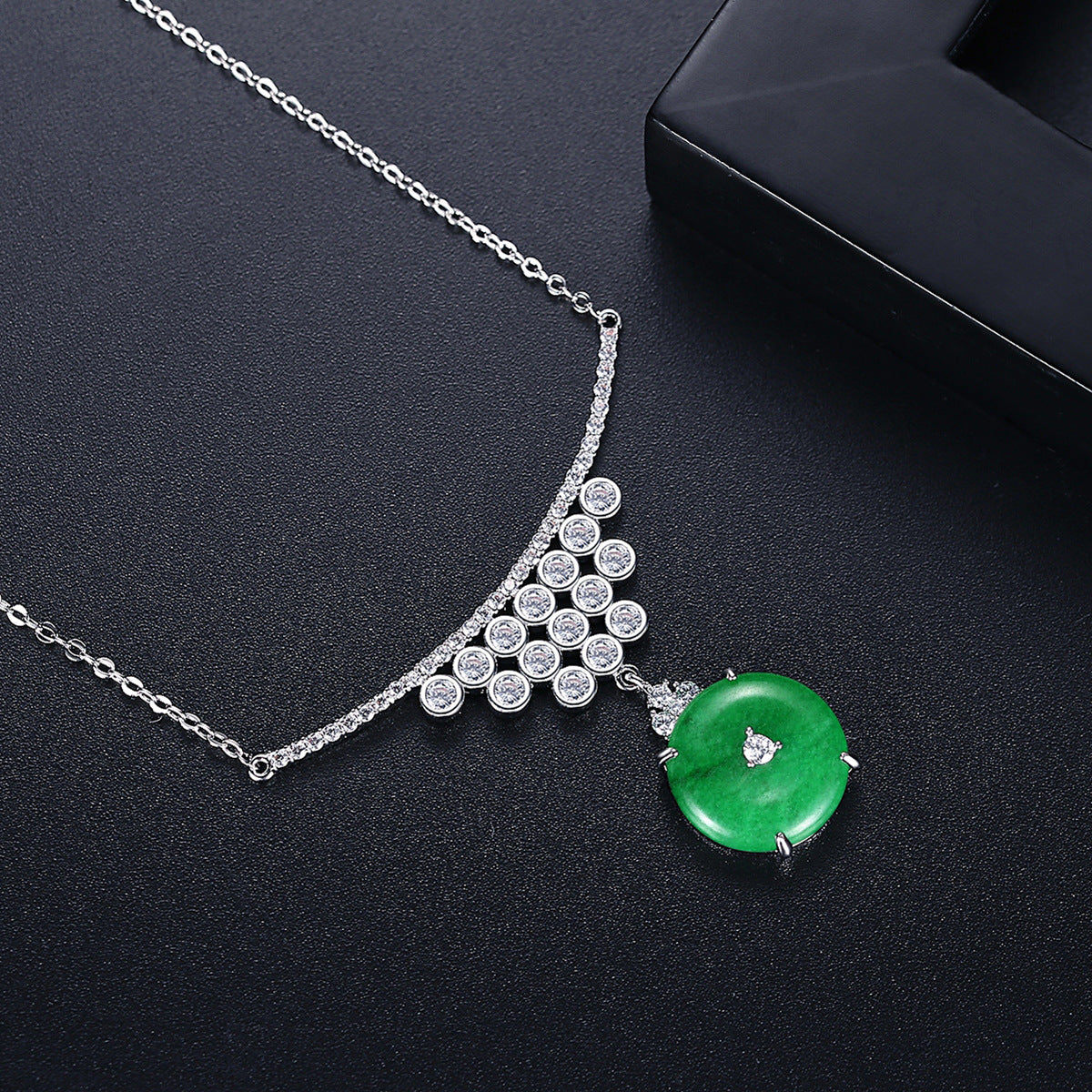 Cubic Zirconia Round Faux Jade Pendant Necklace AAA2453