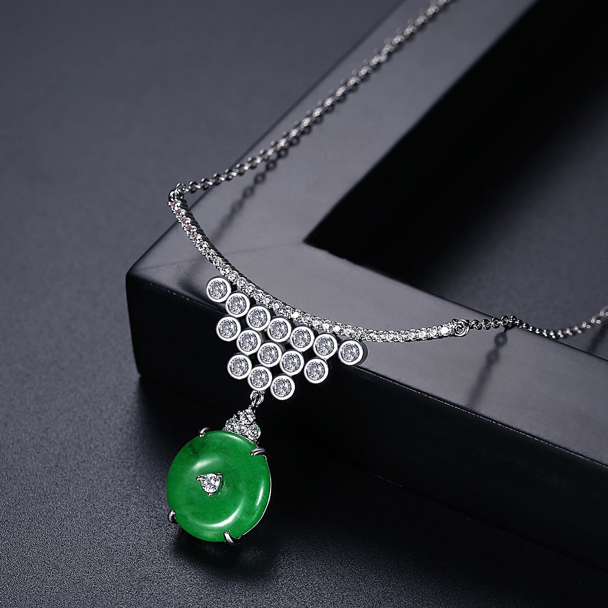 Cubic Zirconia Round Faux Jade Pendant Necklace AAA2453