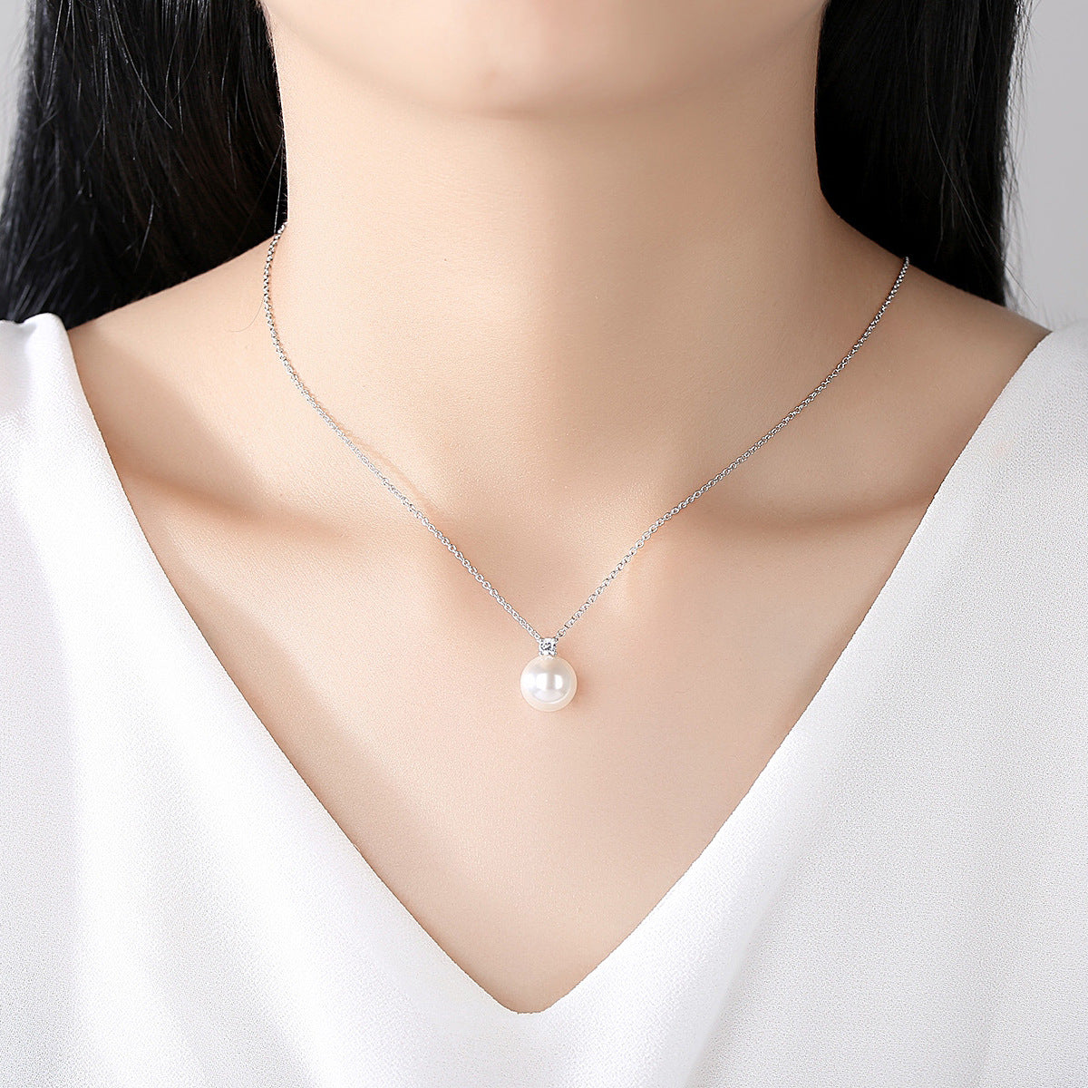 Round Faux Pearl Cubic Zirconia Chain Necklace AAA2460
