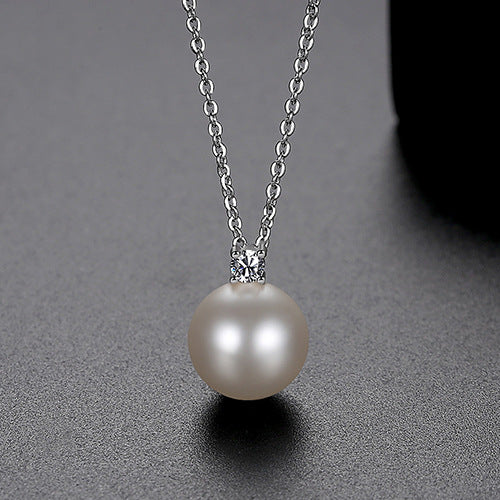 Round Faux Pearl Cubic Zirconia Chain Necklace AAA2460