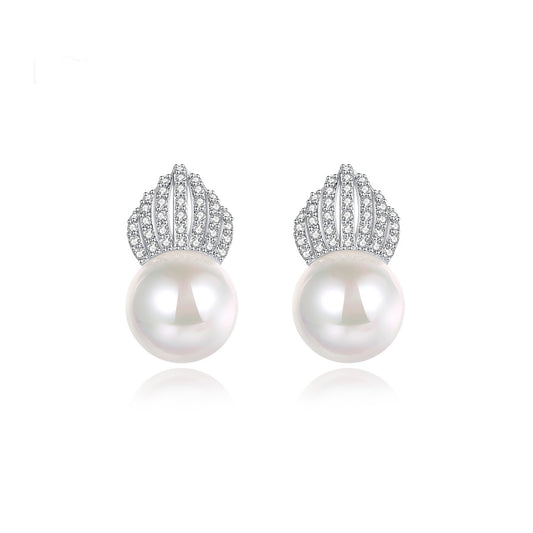 White Gold Plated Faux Pearl Cubic Zirconia Shell Drop Earrings AAA2462