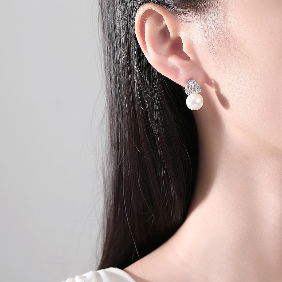 White Gold Plated Faux Pearl Cubic Zirconia Shell Drop Earrings AAA2462