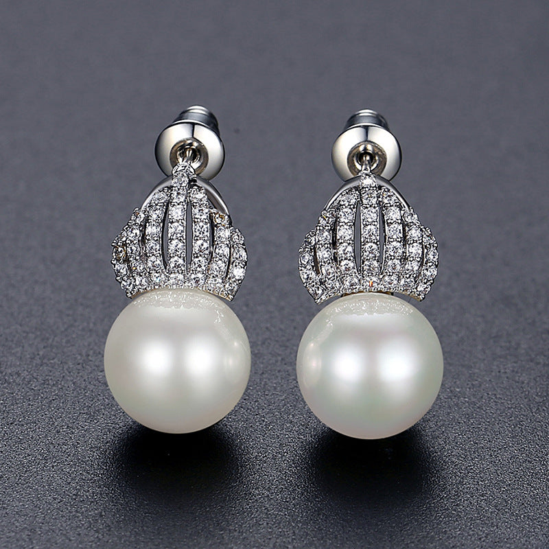 White Gold Plated Faux Pearl Cubic Zirconia Shell Drop Earrings AAA2462