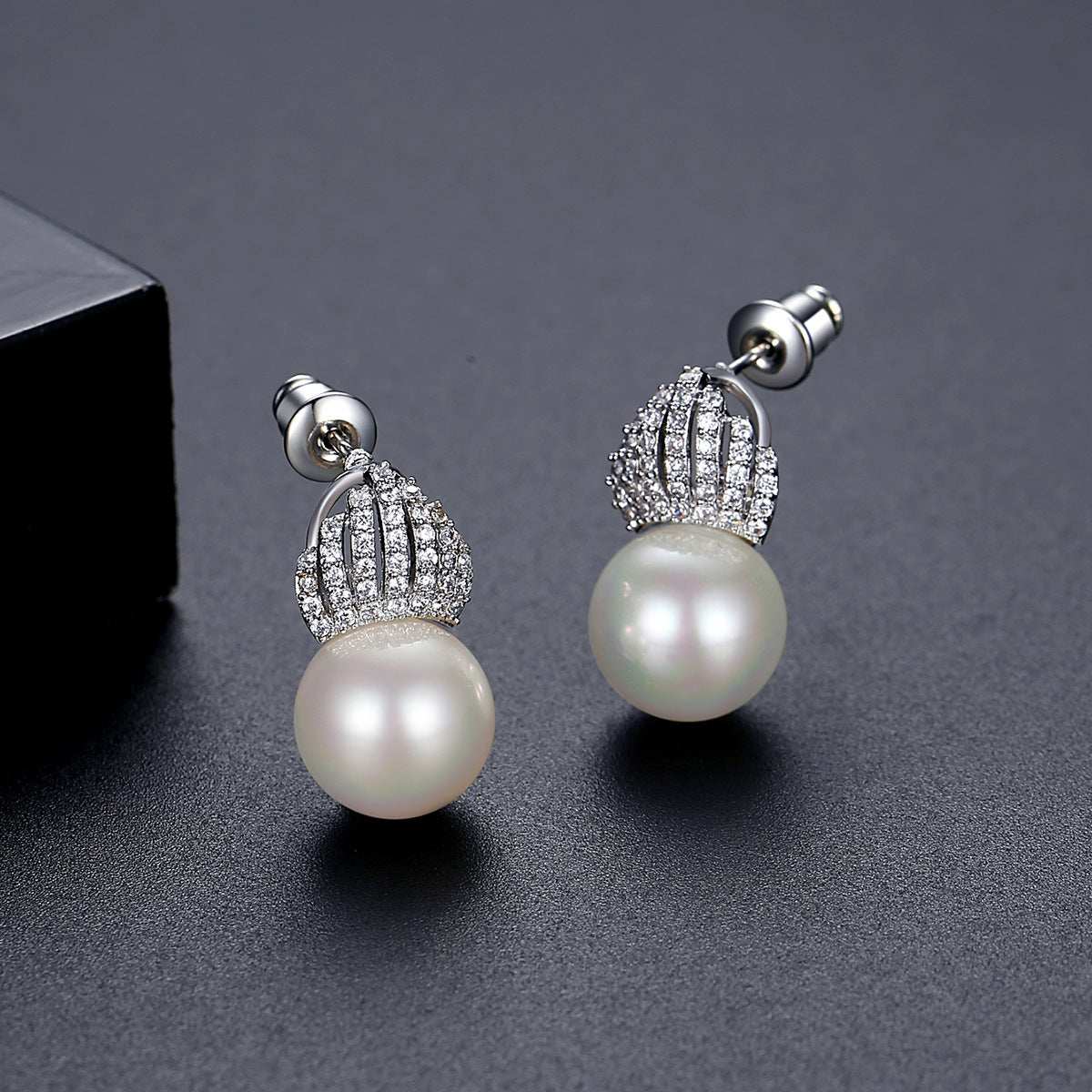 White Gold Plated Faux Pearl Cubic Zirconia Shell Drop Earrings AAA2462