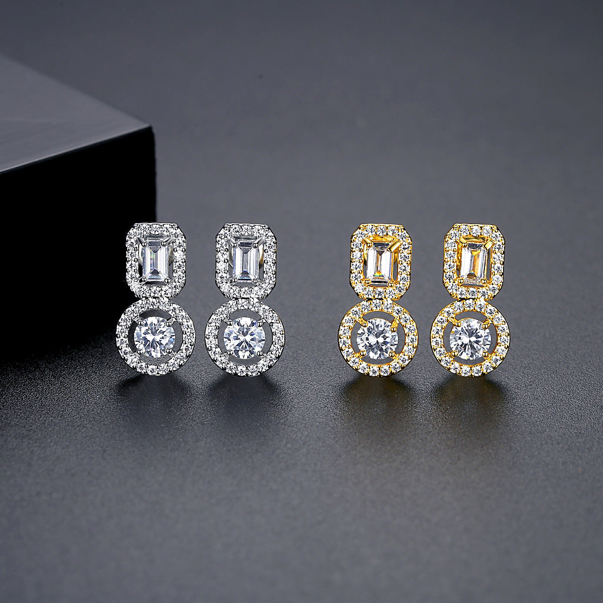 Gold Plated Round & Baguette Cubic Zirconia Dangle Earrings AAA2466