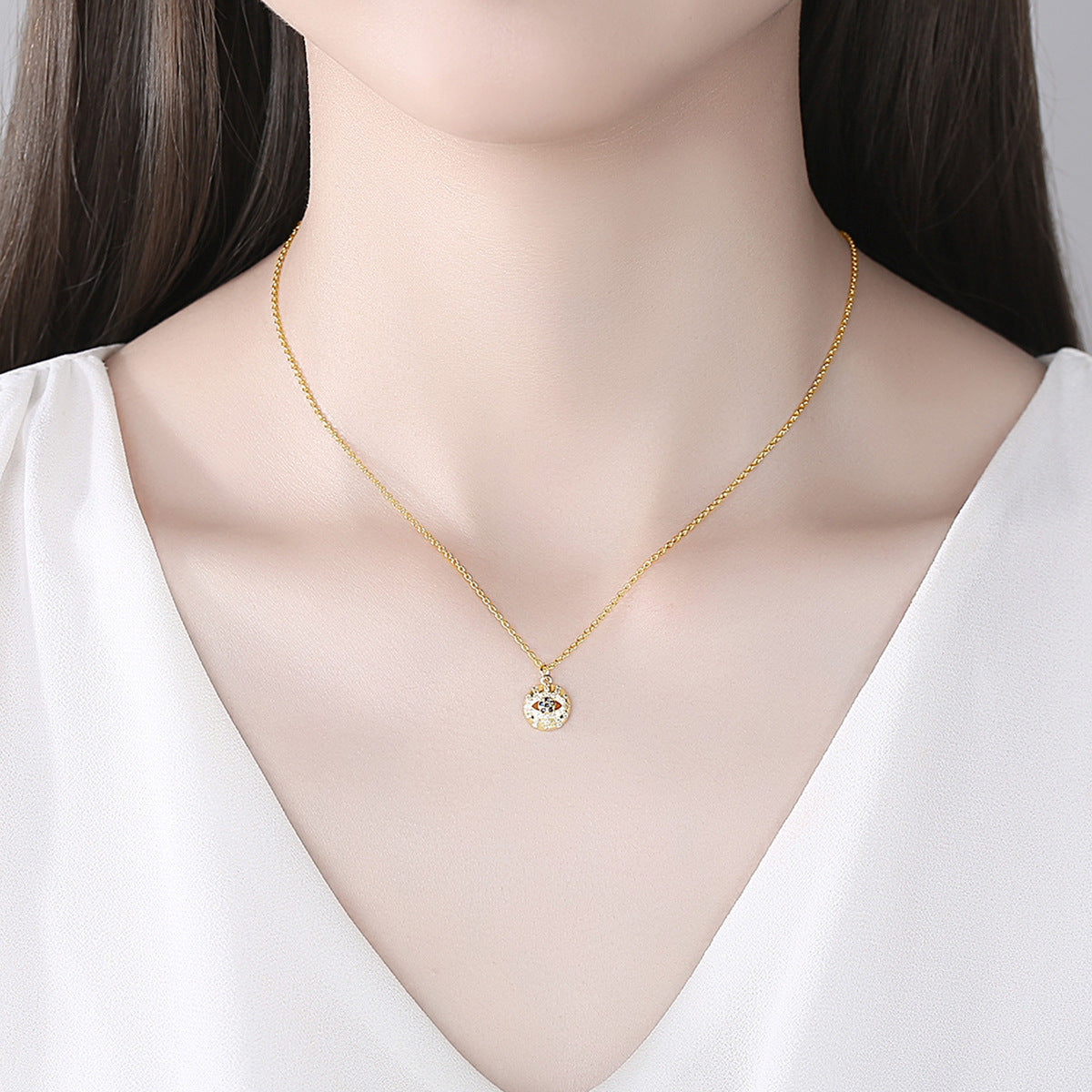 Gold Plated Round Cubic Zirconia Eye Chain Necklace AAA2471