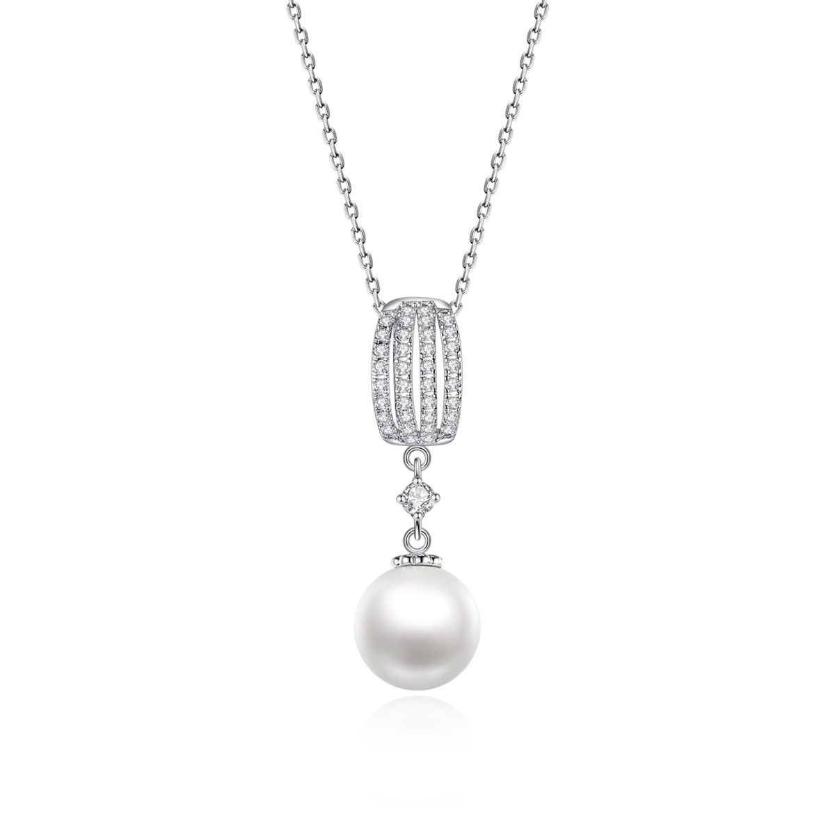 White Gold Plated Cubic Zirconia Faux Pearl Chain Necklace AAA2477