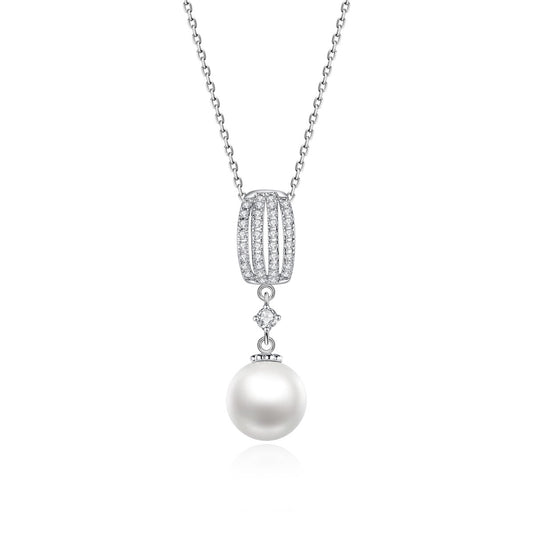 White Gold Plated Cubic Zirconia Faux Pearl Chain Necklace AAA2477