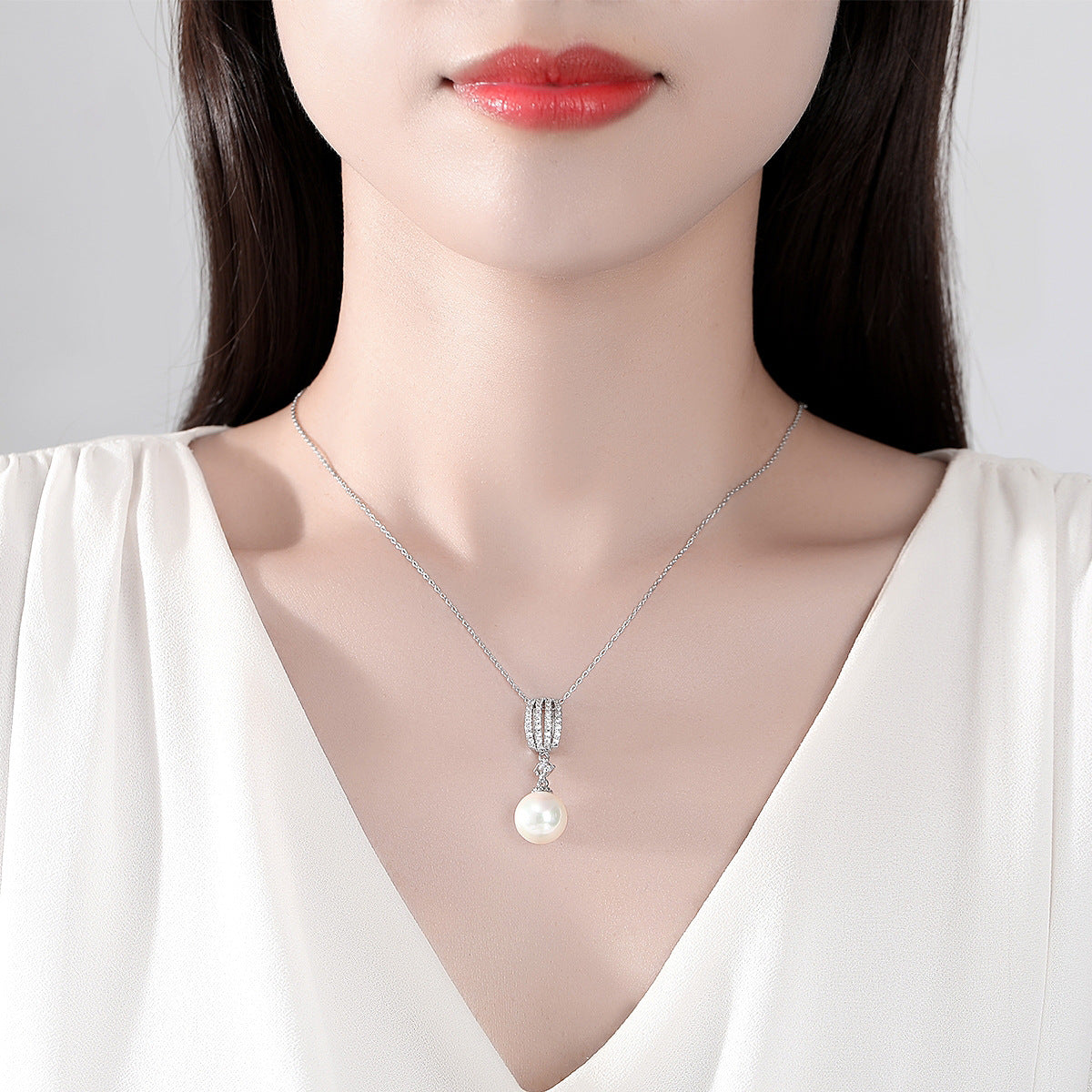 White Gold Plated Cubic Zirconia Faux Pearl Chain Necklace AAA2477