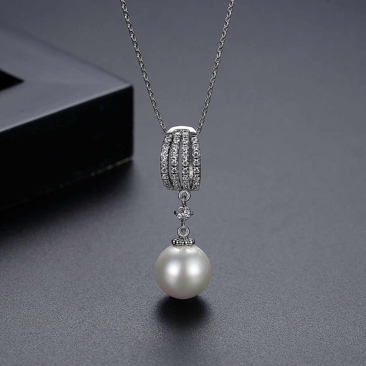 White Gold Plated Cubic Zirconia Faux Pearl Chain Necklace AAA2477