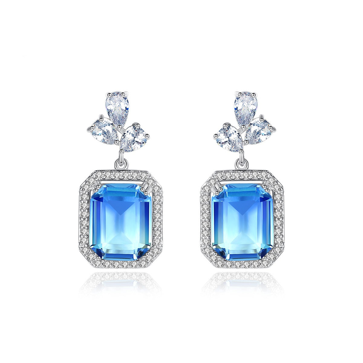 White Gold Plated Square Blue Cubic Zirconia Drop Earrings AAA2479
