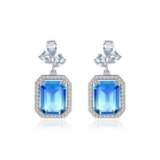 White Gold Plated Square Blue Cubic Zirconia Drop Earrings AAA2479