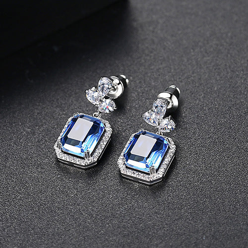 White Gold Plated Square Blue Cubic Zirconia Drop Earrings AAA2479
