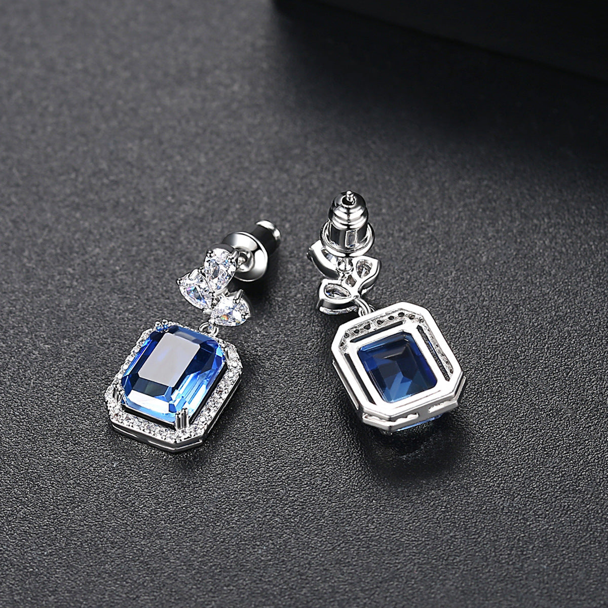 White Gold Plated Square Blue Cubic Zirconia Drop Earrings AAA2479