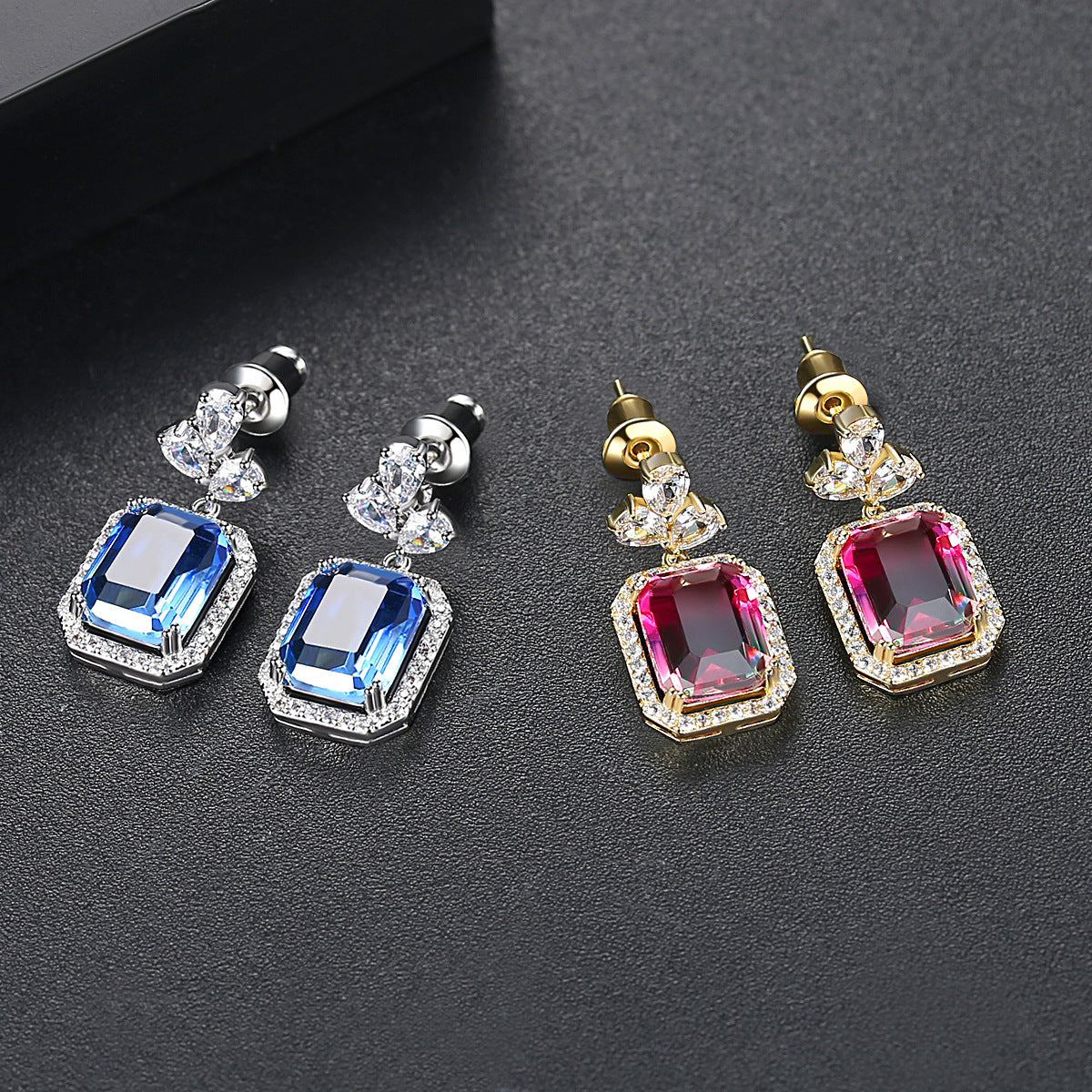 White Gold Plated Square Blue Cubic Zirconia Drop Earrings AAA2479