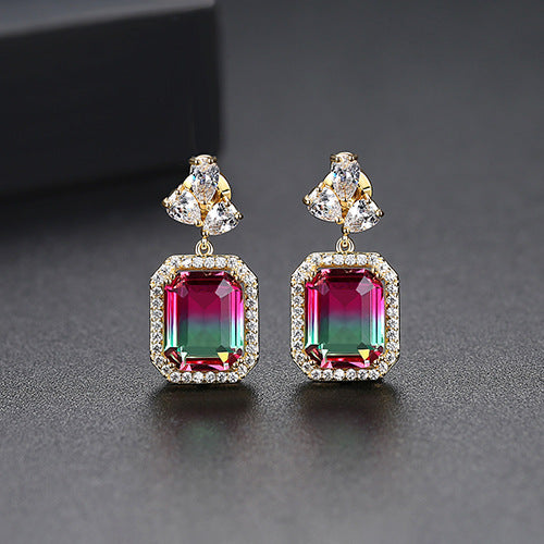 White Gold Plated Square Blue Cubic Zirconia Drop Earrings AAA2479
