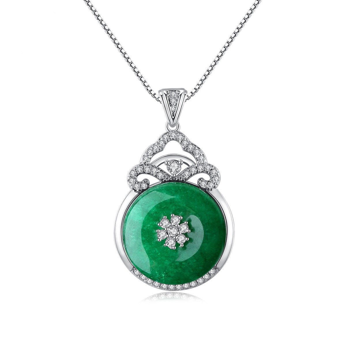 White Gold Plated Cubic Zirconia Faux Jade Box Chain Necklace AAA2490