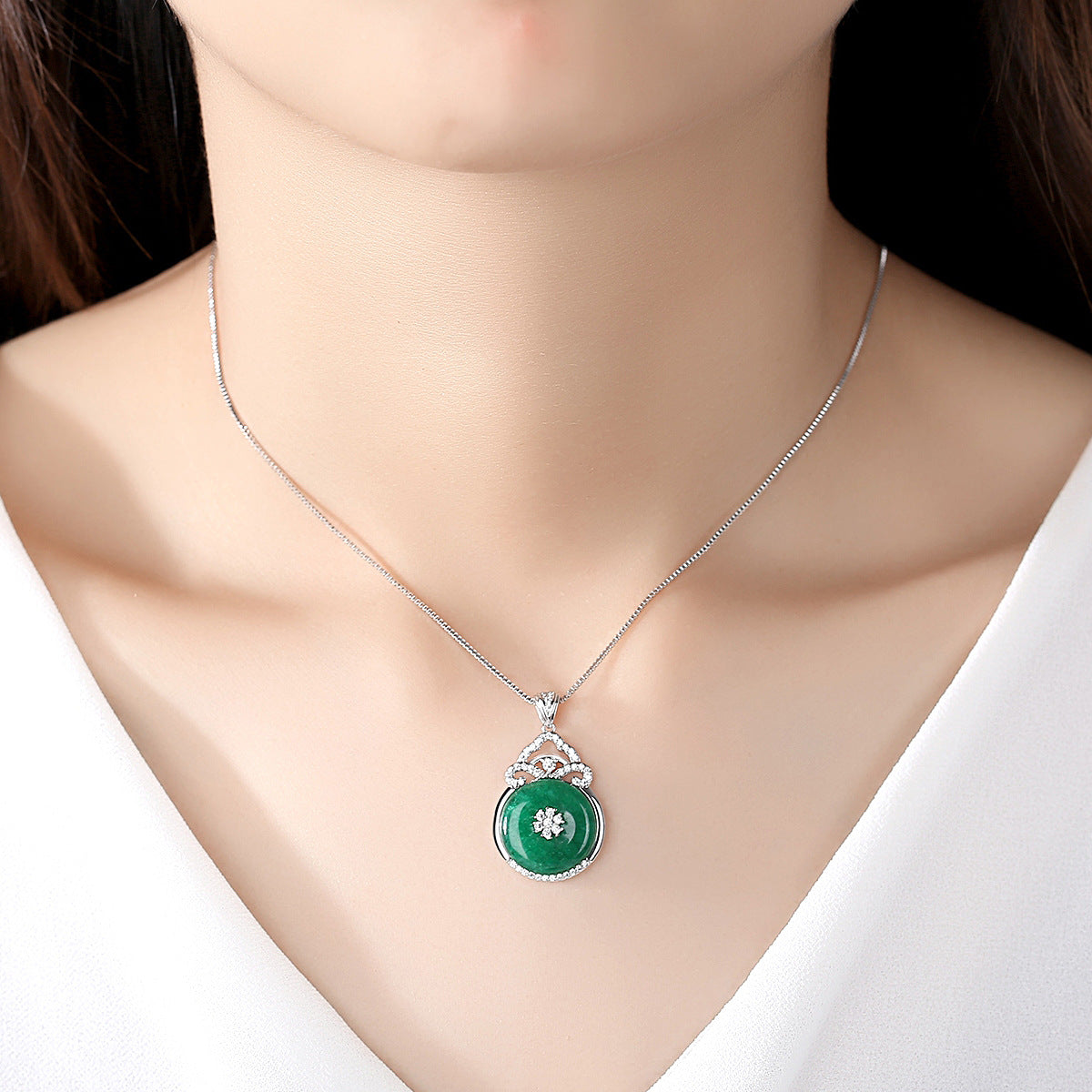 White Gold Plated Cubic Zirconia Faux Jade Box Chain Necklace AAA2490