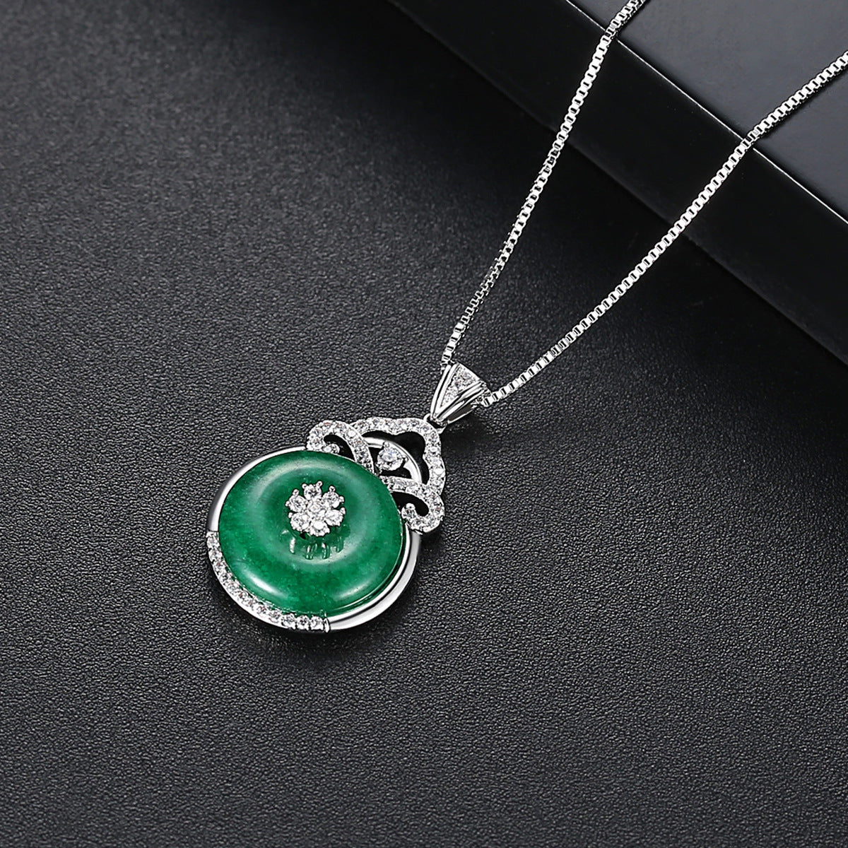White Gold Plated Cubic Zirconia Faux Jade Box Chain Necklace AAA2490