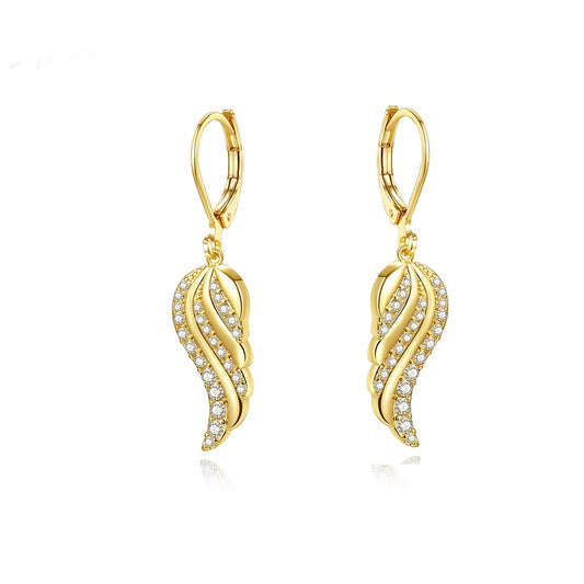 Gold Plated Angel Wings Cubic Zirconia Dangle Hoop Earrings AAA2491