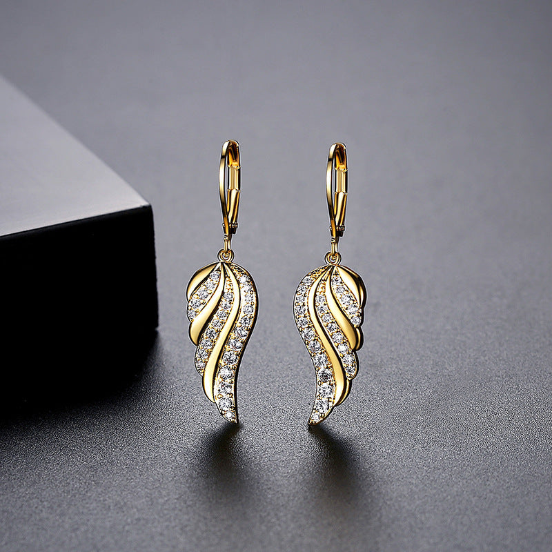 Gold Plated Angel Wings Cubic Zirconia Dangle Hoop Earrings AAA2491