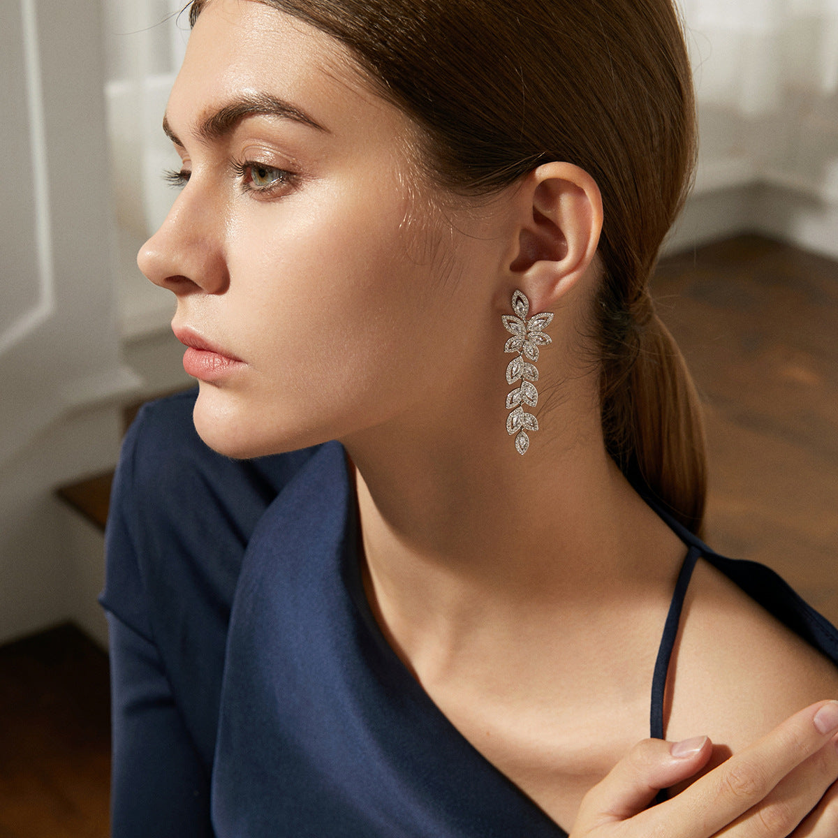 White Gold Plated Marquise Cubic Zirconia Vine Drop Earrings AAA2495