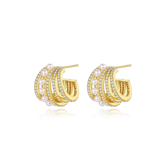 Gold Plated Faux Pearl Cubic Zirconia Mixed Hoop Earrings AAA2497