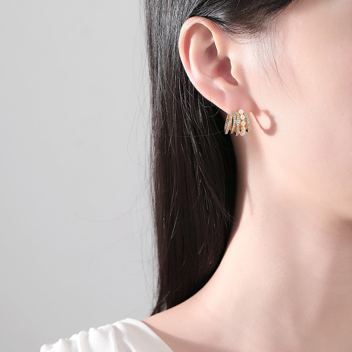 Gold Plated Faux Pearl Cubic Zirconia Mixed Hoop Earrings AAA2497
