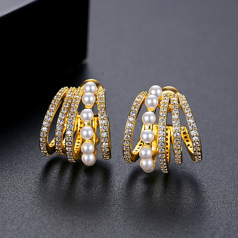 Gold Plated Faux Pearl Cubic Zirconia Mixed Hoop Earrings AAA2497