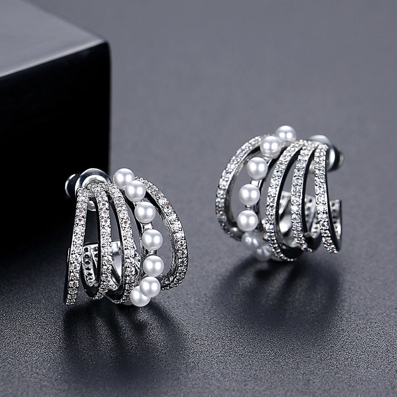 Gold Plated Faux Pearl Cubic Zirconia Mixed Hoop Earrings AAA2497