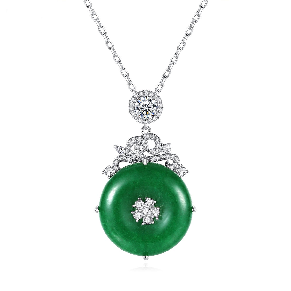 White Gold Plated Cubic Zirconia Jade Pendant Necklace AAA2503