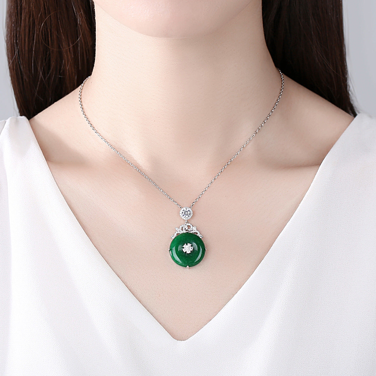White Gold Plated Cubic Zirconia Jade Pendant Necklace AAA2503